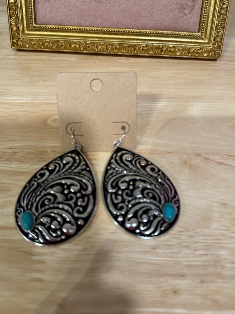 Teardrop Filigree Earrings with Teal Stone